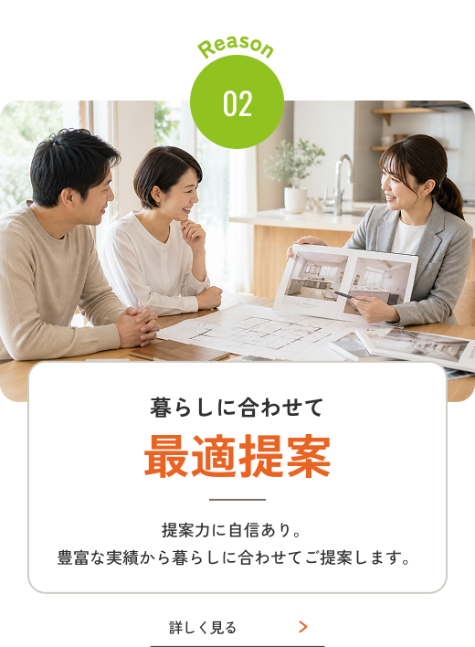 Reason 02 暮らしに合わせて最適提案 提案力に自信あり。豊富な実績から暮らしに合わせてご提案します。